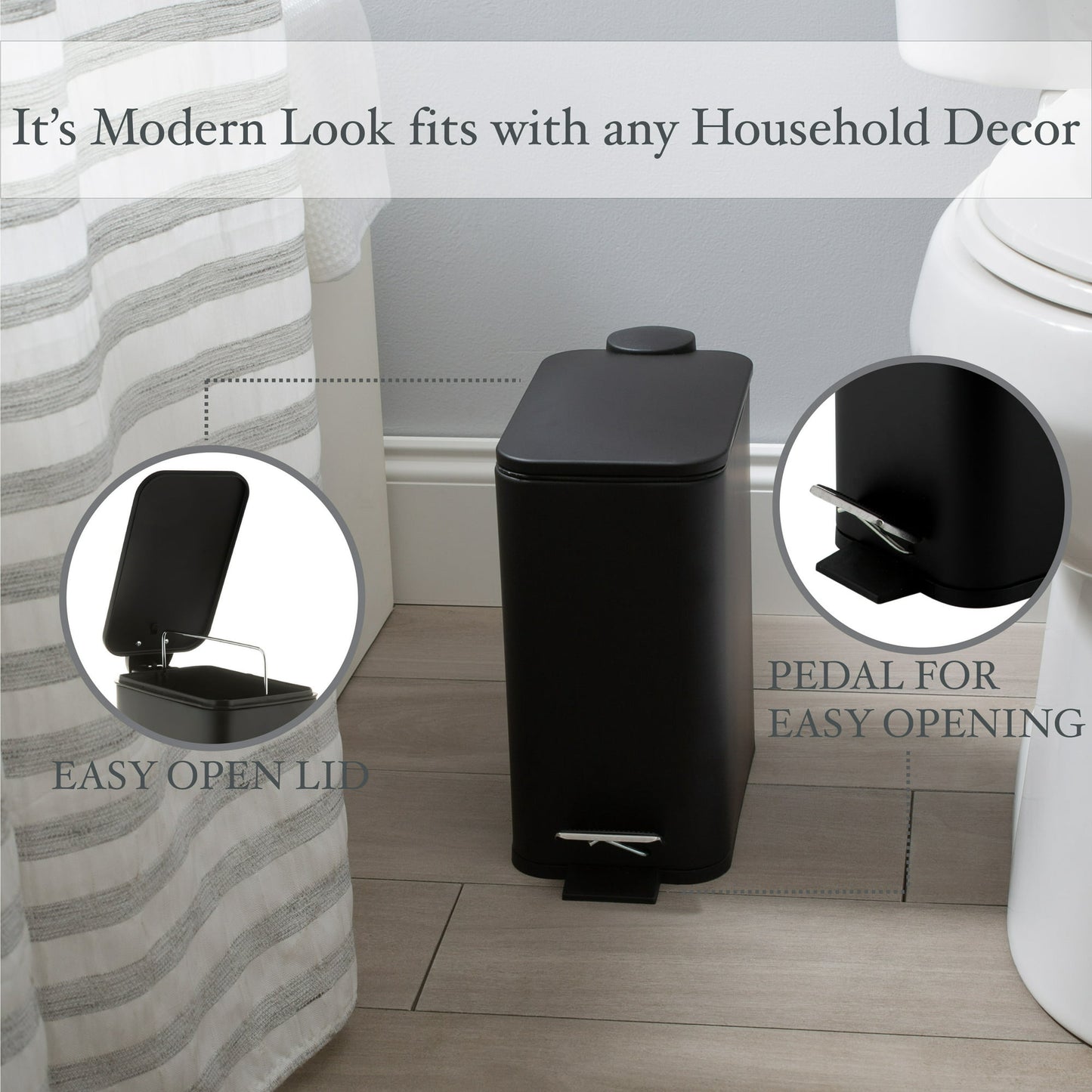Bath Bliss Slim 1.3 Gallon Iron Step Pedal Wastebasket with Soft Close Lid - Black