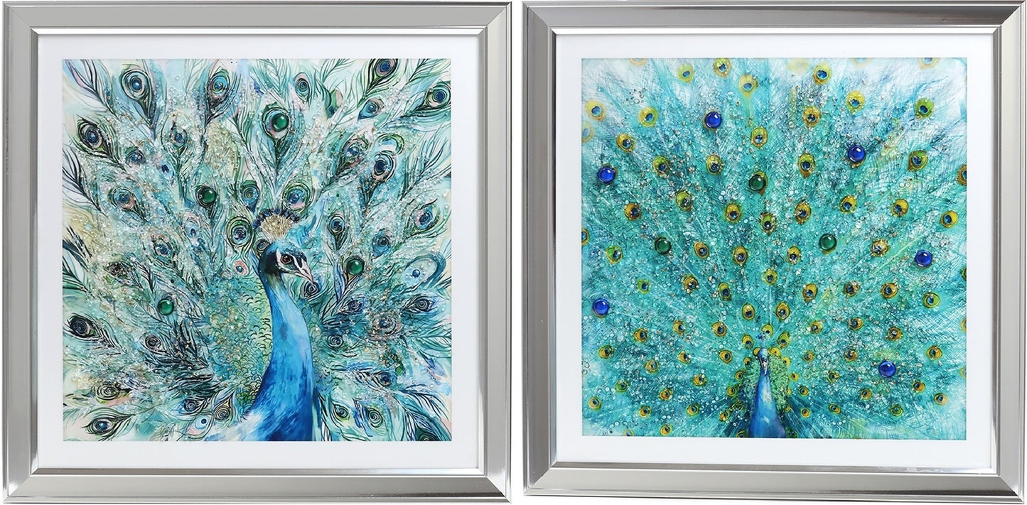 FRAMED LACQUERED ART W/ ROCKS - MAJESTIC PEACOCK - SIZE: 23" x 23"