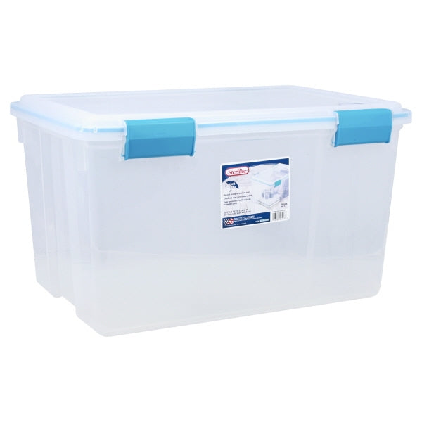 Storage Tote W/ Lid, 13.5 Gal, 22-1/2 in L, 16 in W, 12-3/4 in H, Blue Aquarium, Clear