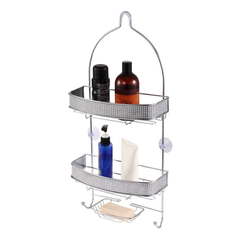 Chrome Shower Caddy with Diamond Accents, Soap Dish & Hooks