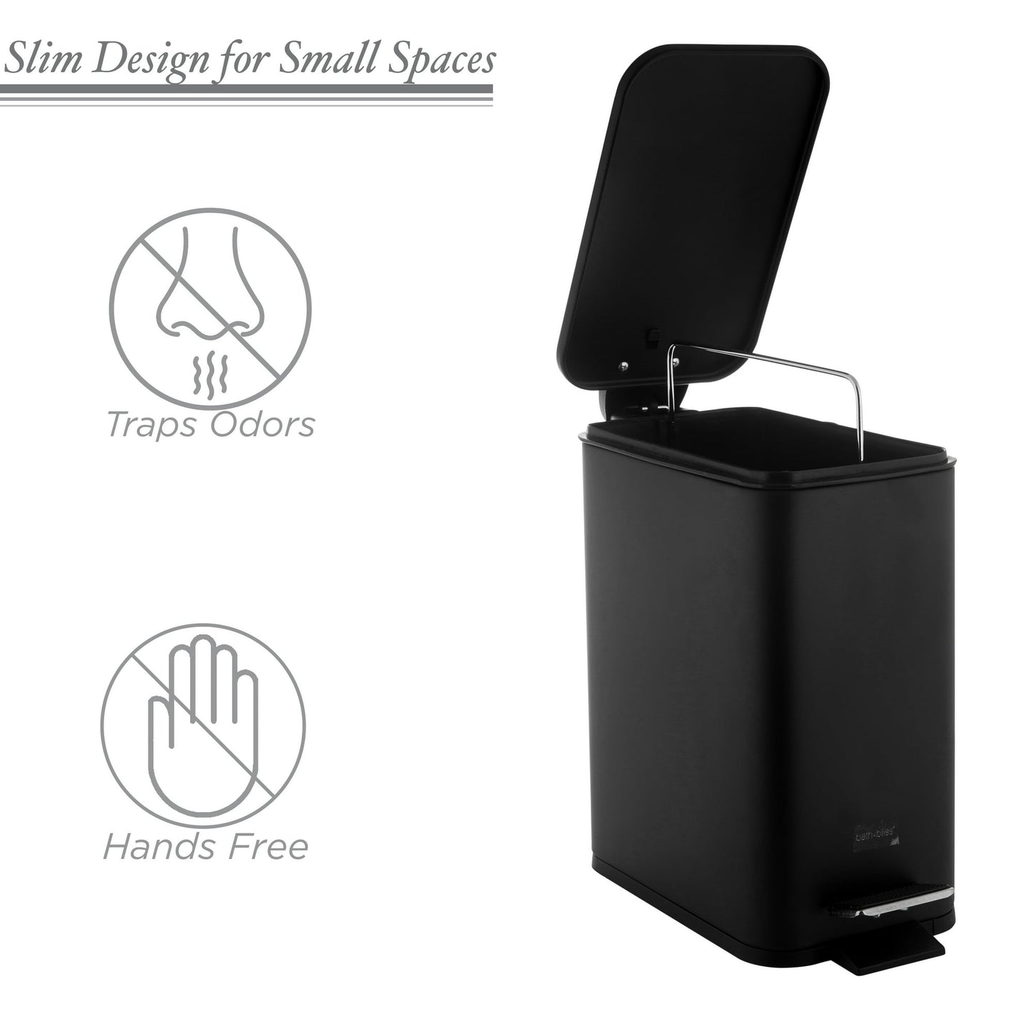 Bath Bliss Slim 1.3 Gallon Iron Step Pedal Wastebasket with Soft Close Lid - Black