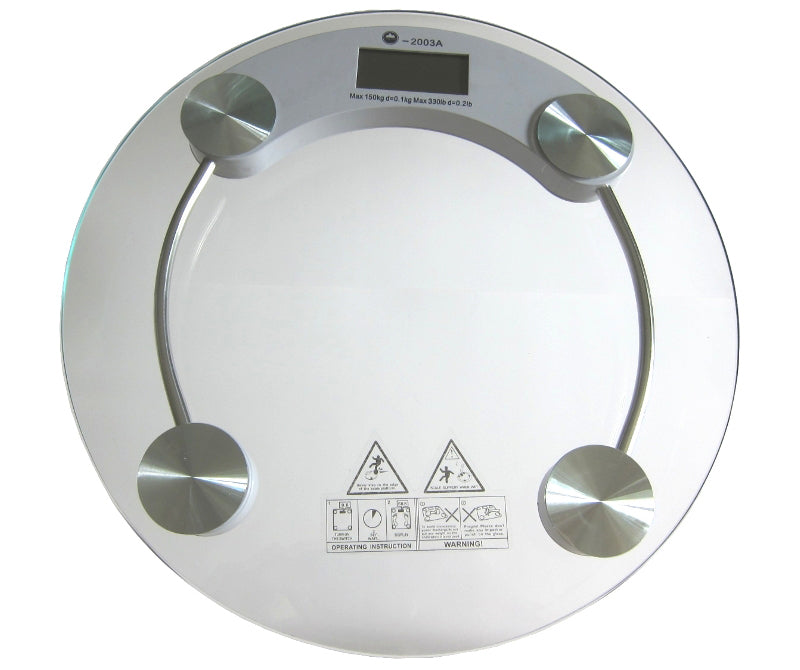 Digital Glass Personal Bathroom Scale with Weight, BMI, LCD Screen, and Low Battery Indicator. Round Clear Glass