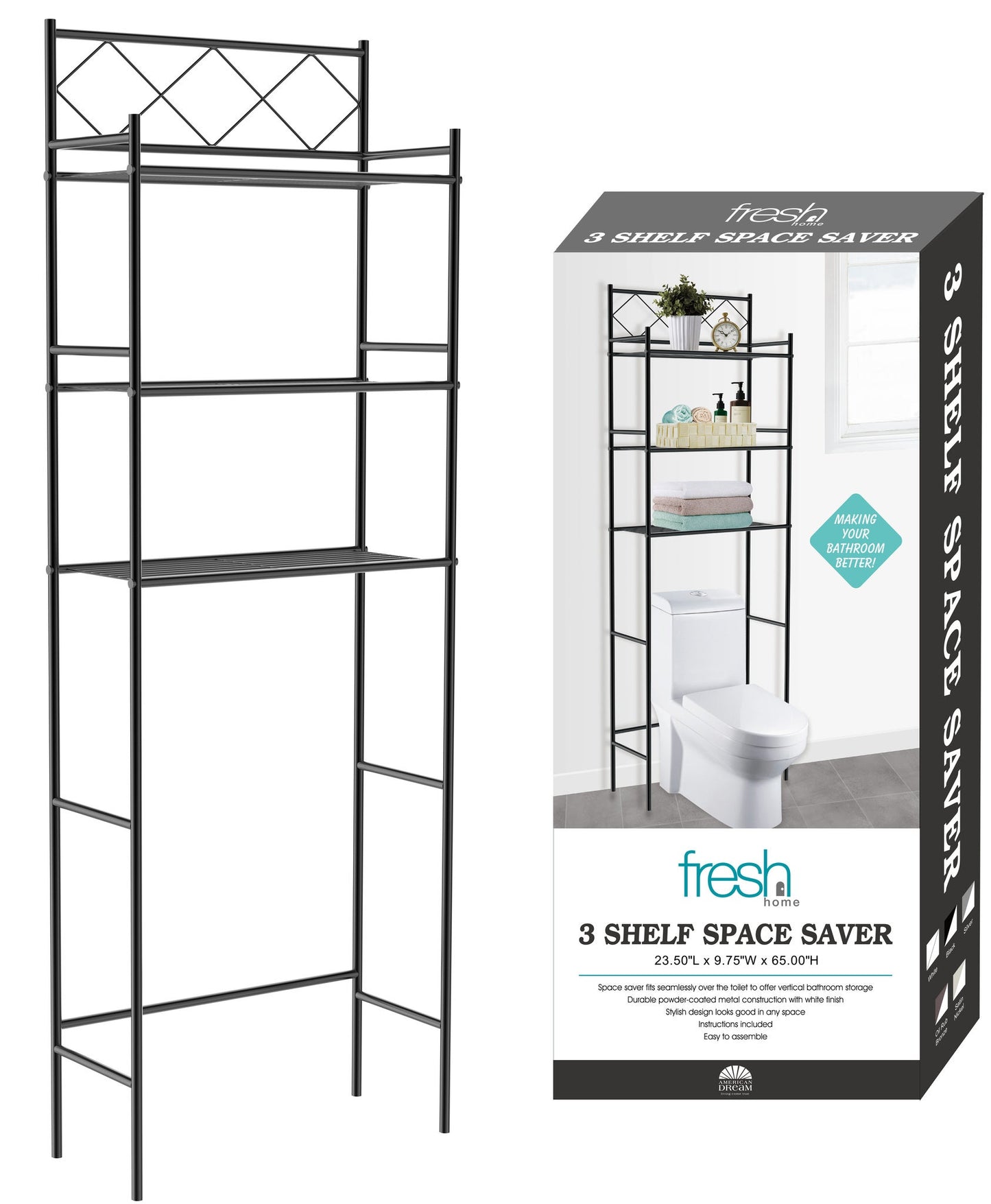 Black 3 Shelf OvertheToilet Space Saver