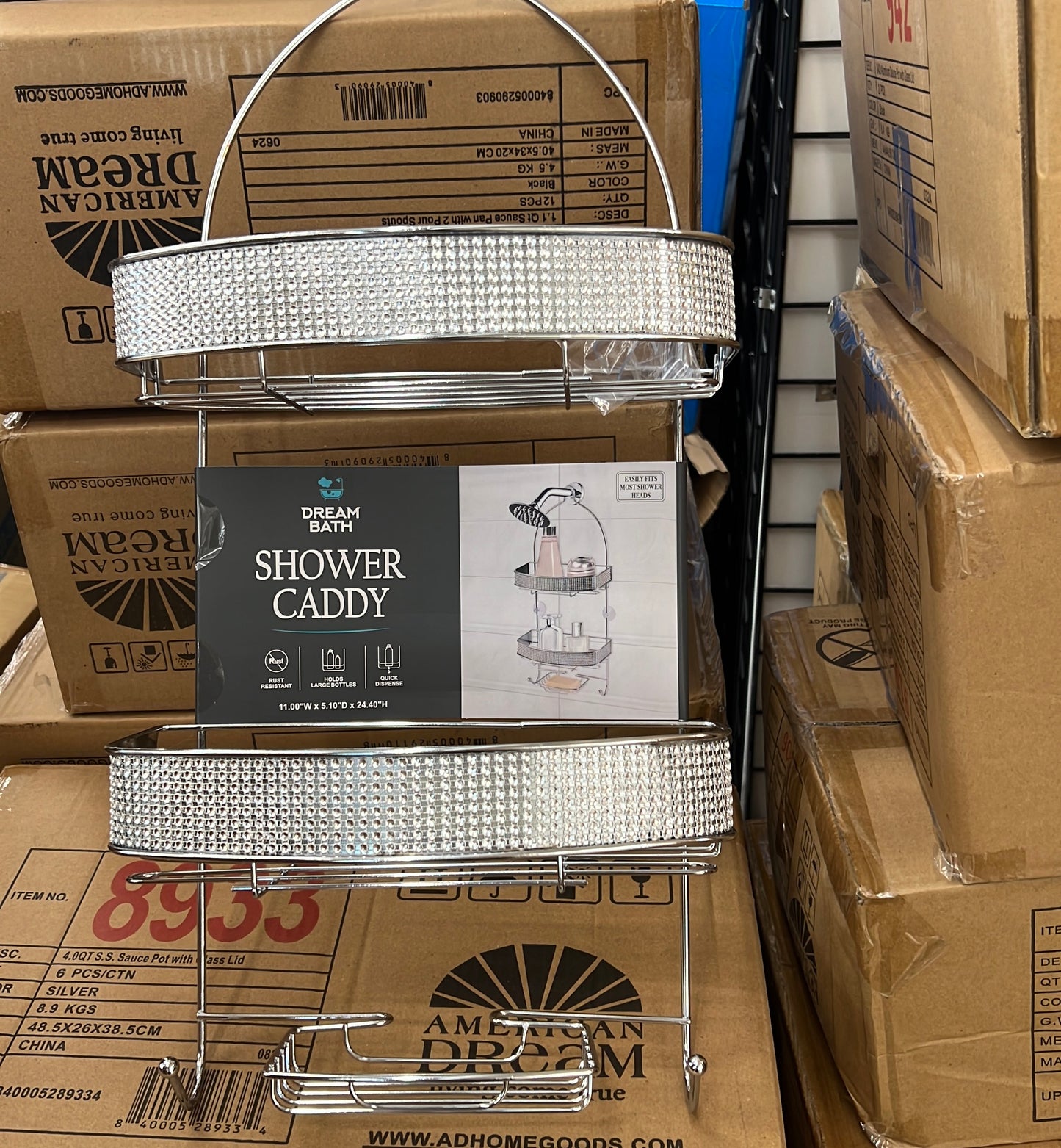 Chrome Shower Caddy with Diamond Accents, Soap Dish & Hooks