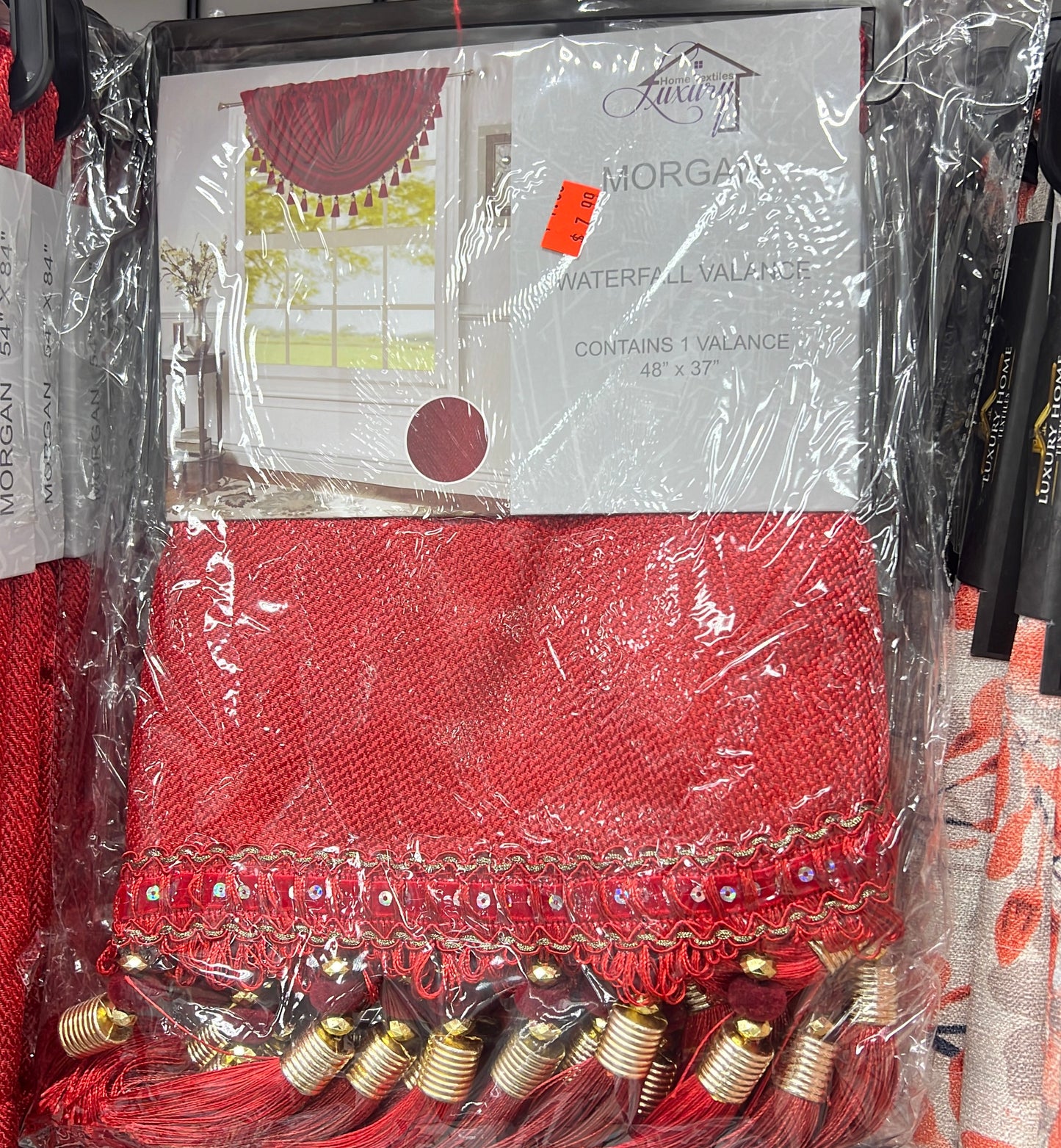 Timeless Elegance: Morgan Burgundy Rod Pocket Waterfall Valance with Fringe Tassels - 48x37 Inches