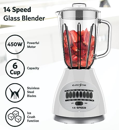 EUROSTAR 450W 14-Speed Glass Jar Blender (WHITE)