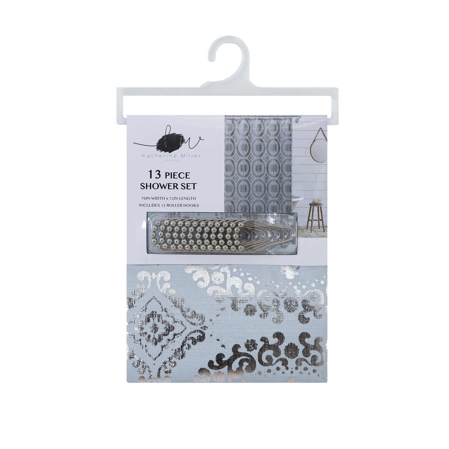 13 PIECE SHOWER SET 70IN WIDTH × 72IN LENGTH INCLUDES 12 ROLLER HOOKS