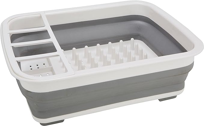 Collapsible Dish Drying Rack | Space-Saver with Aerated Drain Holes | White/Grey