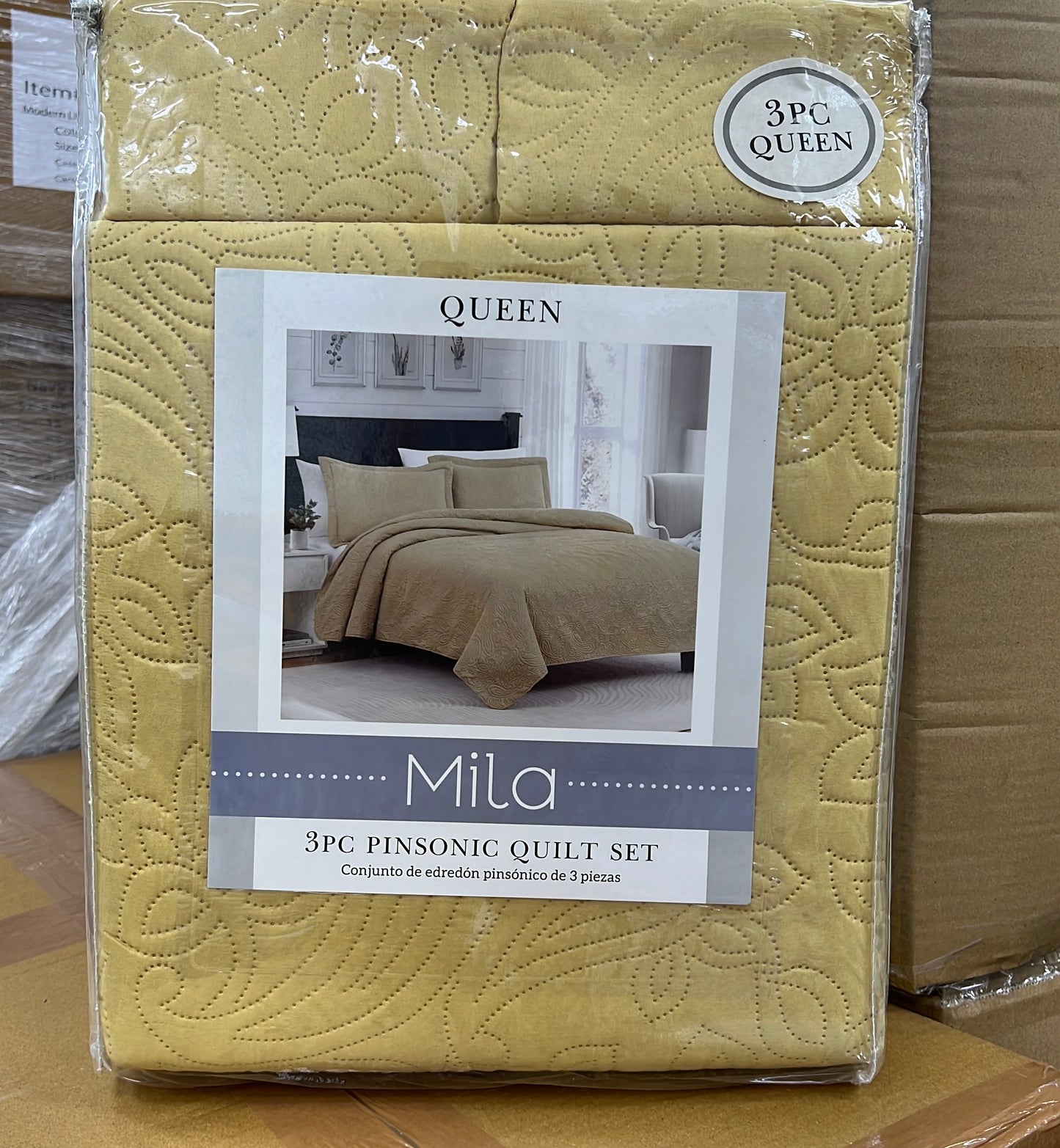 RT Designers Collection Mila 3pc Pinsonic Quilt Gold Queen