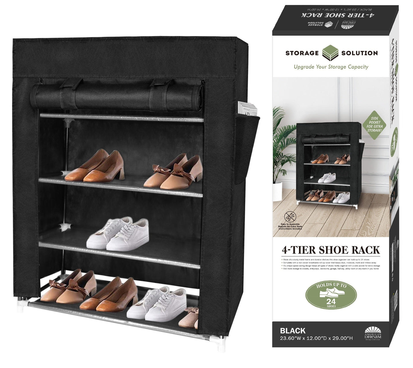 Black 4 Tier Shoe Rack with 1Side Pocket, Holds 24 Shoes