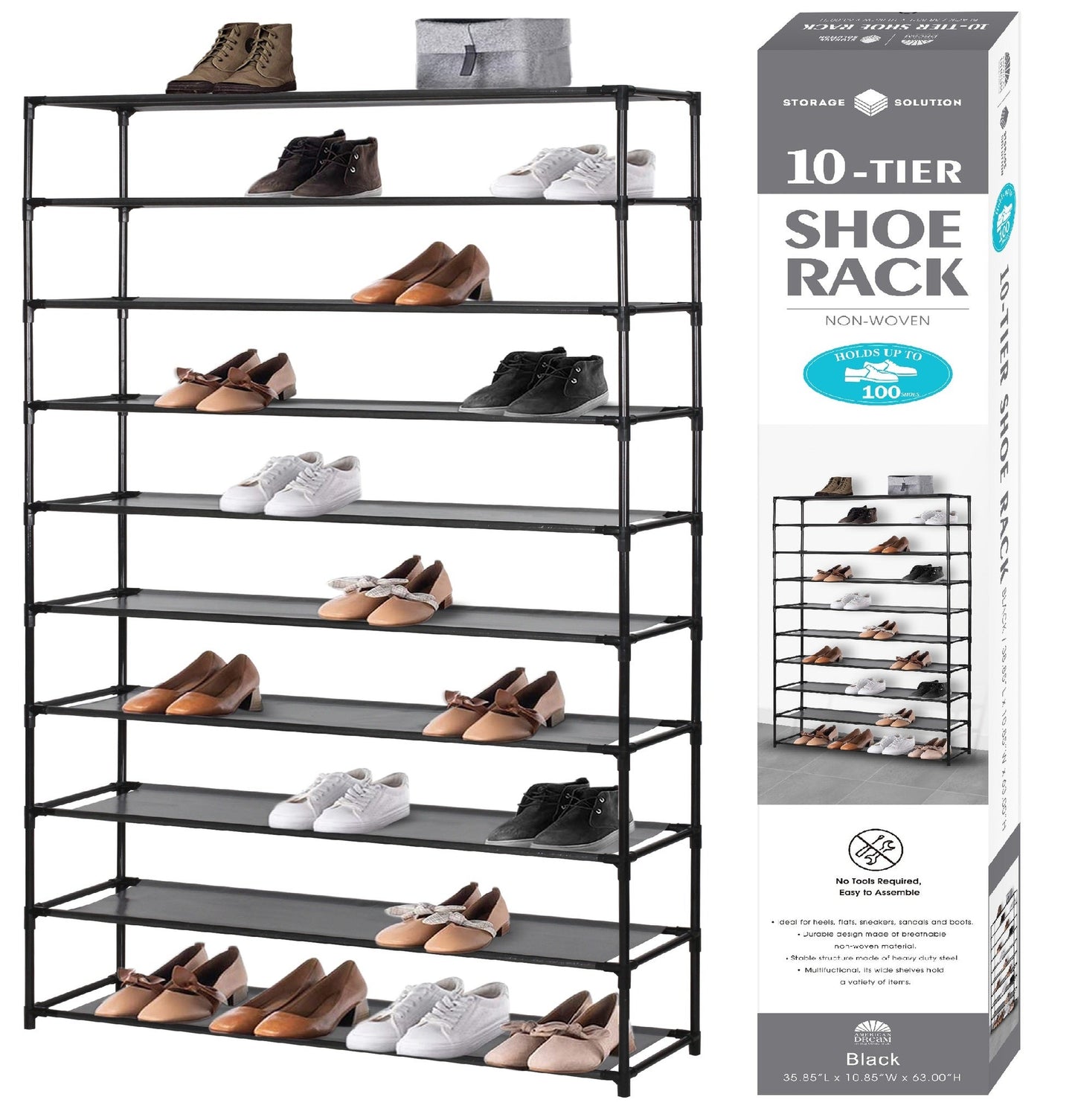 Black 10Tier NonWoven Shoe Rack, Holds 100 Shoes