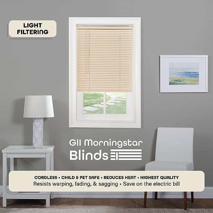 Cordless Light Filtering Mini Blind - 54 Inch Width, 64 Inch Length, 1" Slat Size - Alabaster - Cordless GII Morningstar Horizontal Windows Blinds for Interior by Achim Home Decor