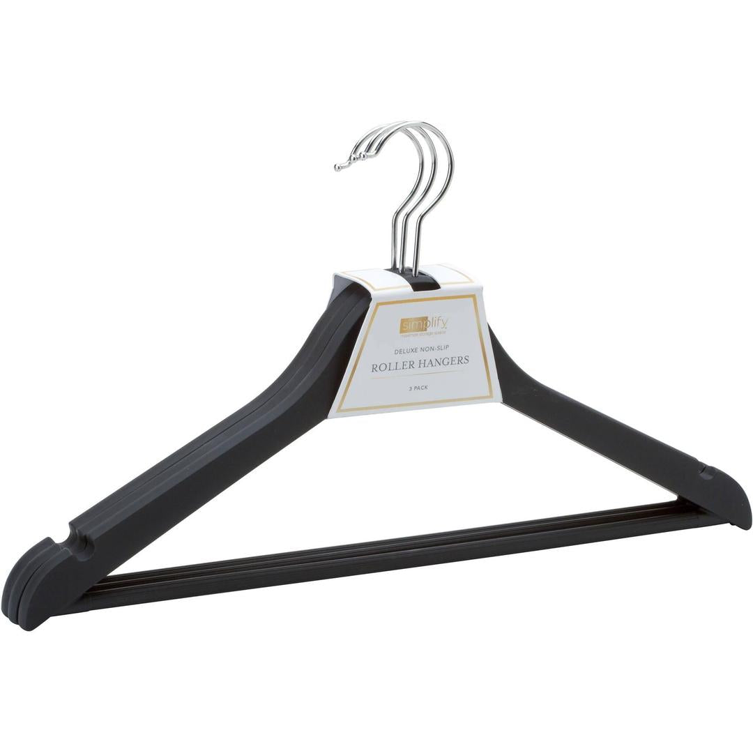 Simplify Deluxe Non-Slip Roller Wooden Clothes Hangers Black 3 Count