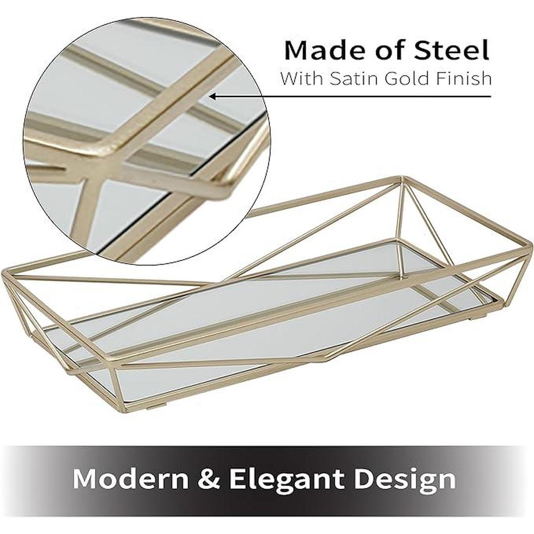 Home Details Geometric Design Vanity Tray | Mirrored | Cosmetic & Jewelry Organizer | Dresser | Desk | Perfume | Decorative | Satin Gold