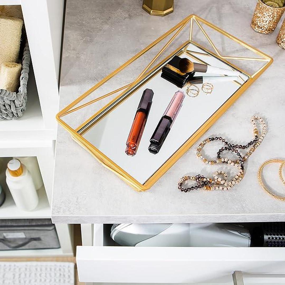 Home Details Geometric Design Vanity Tray | Mirrored | Cosmetic & Jewelry Organizer | Dresser | Desk | Perfume | Decorative | Satin Gold