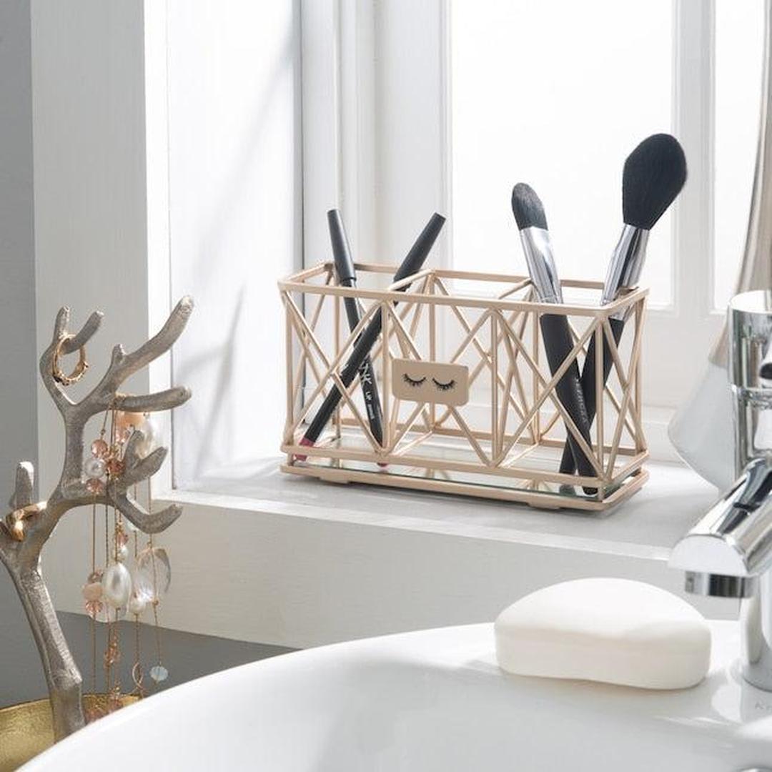 Home Details 3 Compartment Cosmetic Makeup Brush Pencil Holder Rose Gold
