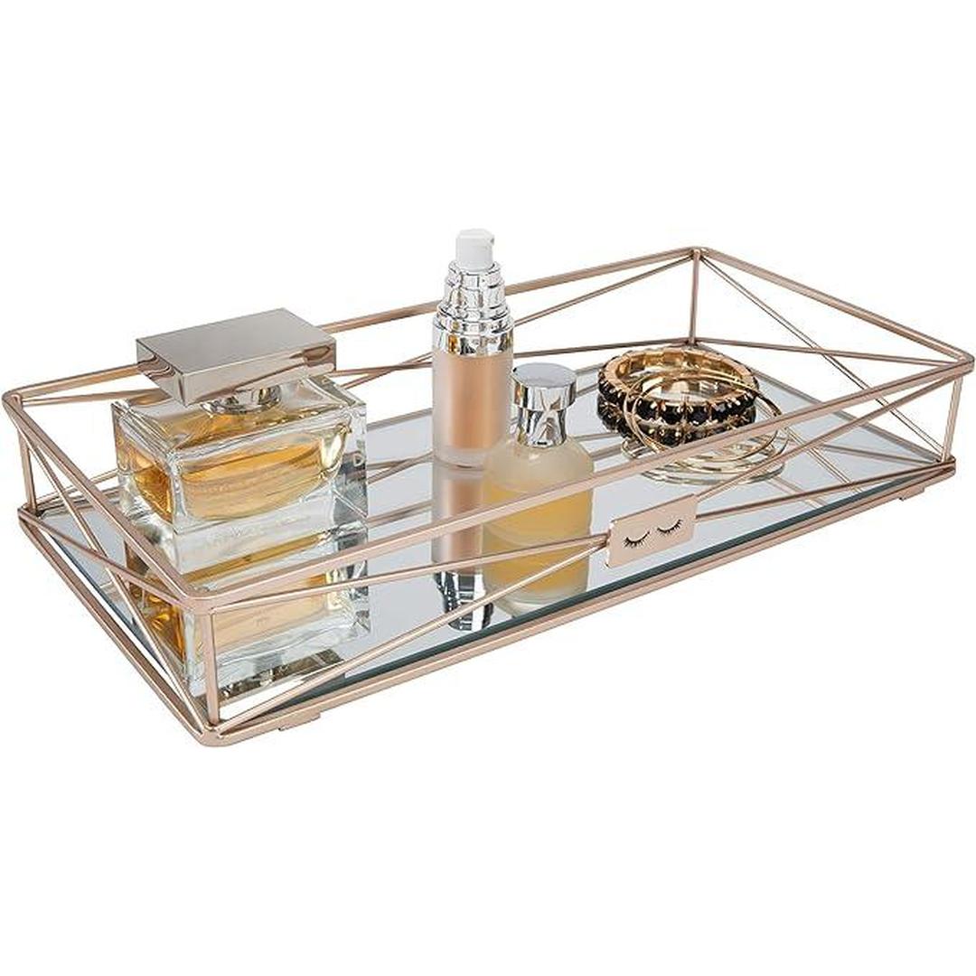 Home Details Gorgeous Mirrored, Perfect for Jewelry, Toiletries, Bathroom Organization, Perfume, Makeup, Décor, in Rose Gold Vanity Tray, 14"x 7"x 2"