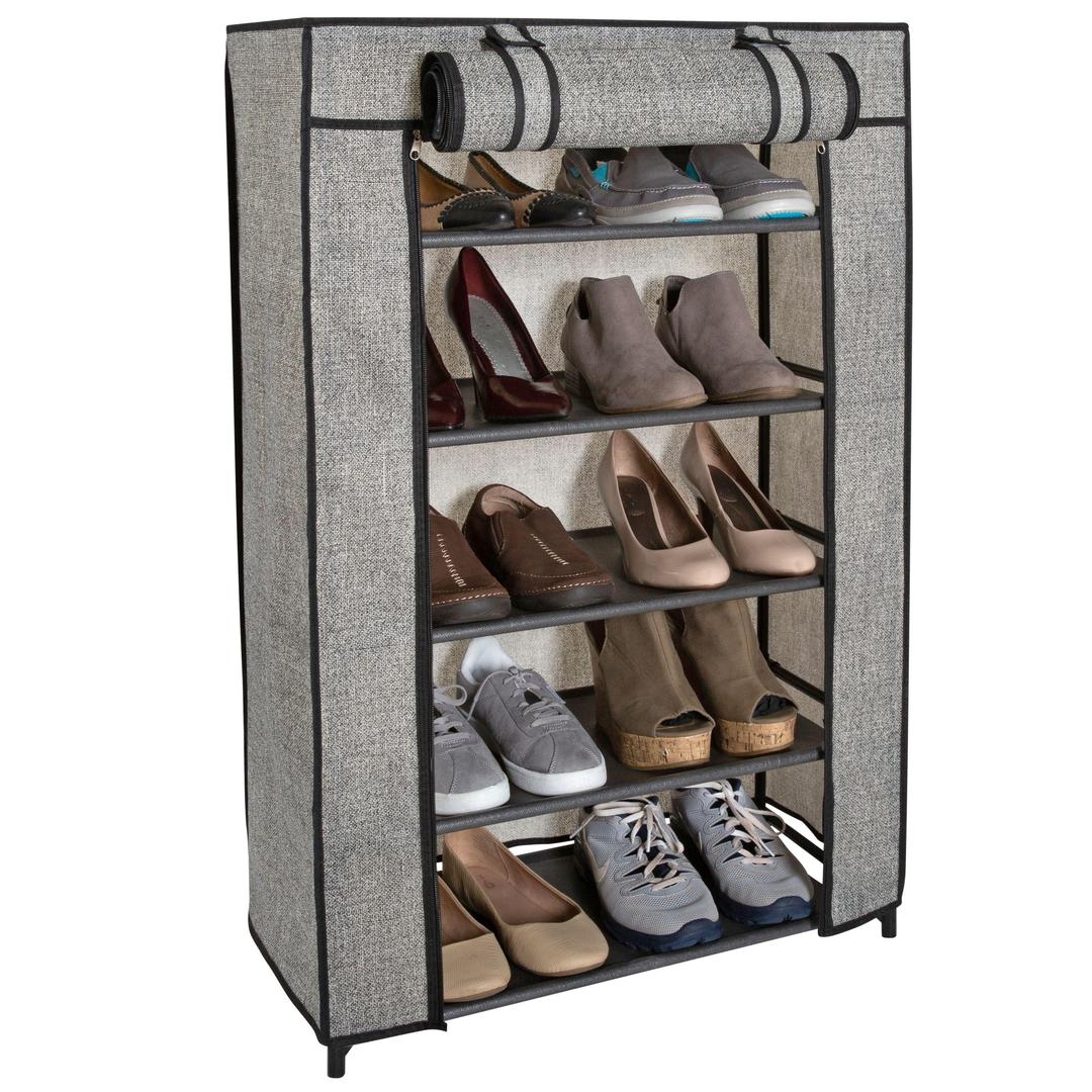 Simplify 5 Tier Shoe Storage Closet Organizer Rack with Cover, Holds 15 Pairs