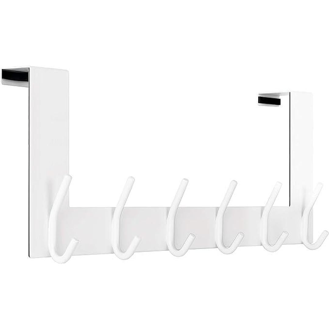 Over The Door White Coat Rack - 6 Hooks for Hanging Clothes, Hats, Towels