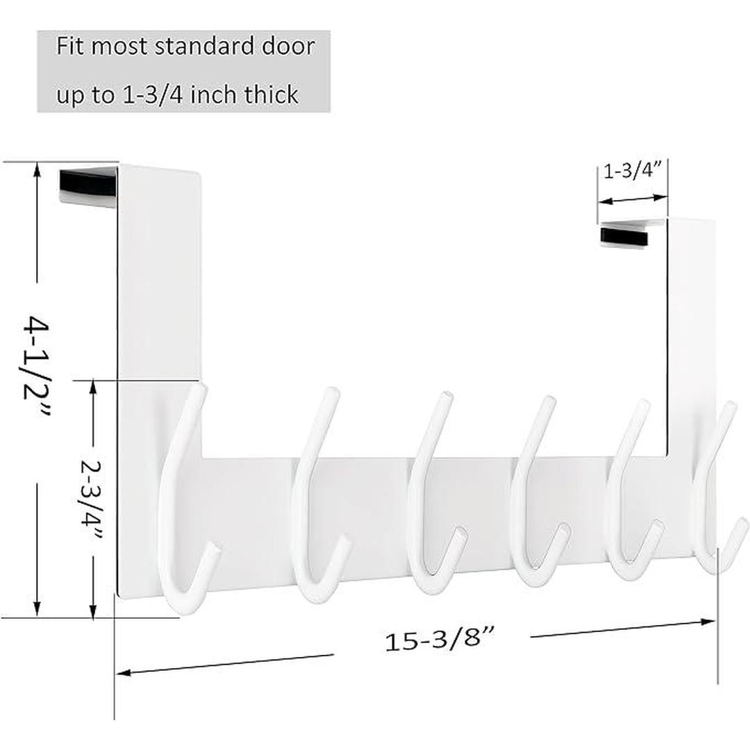 Over The Door White Coat Rack - 6 Hooks for Hanging Clothes, Hats, Towels