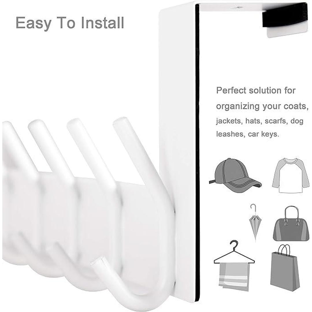 Over The Door White Coat Rack - 6 Hooks for Hanging Clothes, Hats, Towels