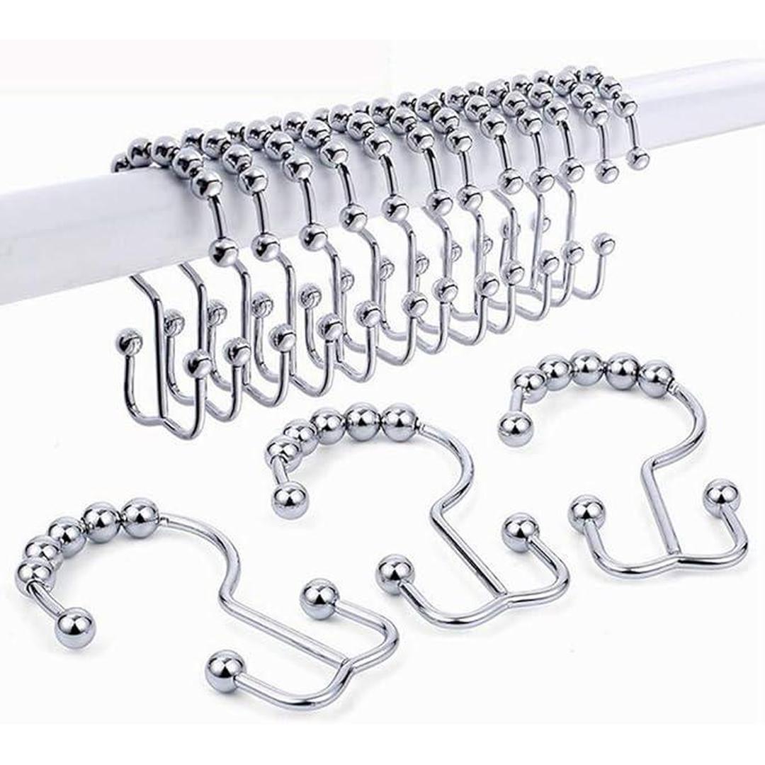 Set of 12 Chrome Double Roller Glide Shower Curtain Hooks Rings - Rust-Resistant Metal