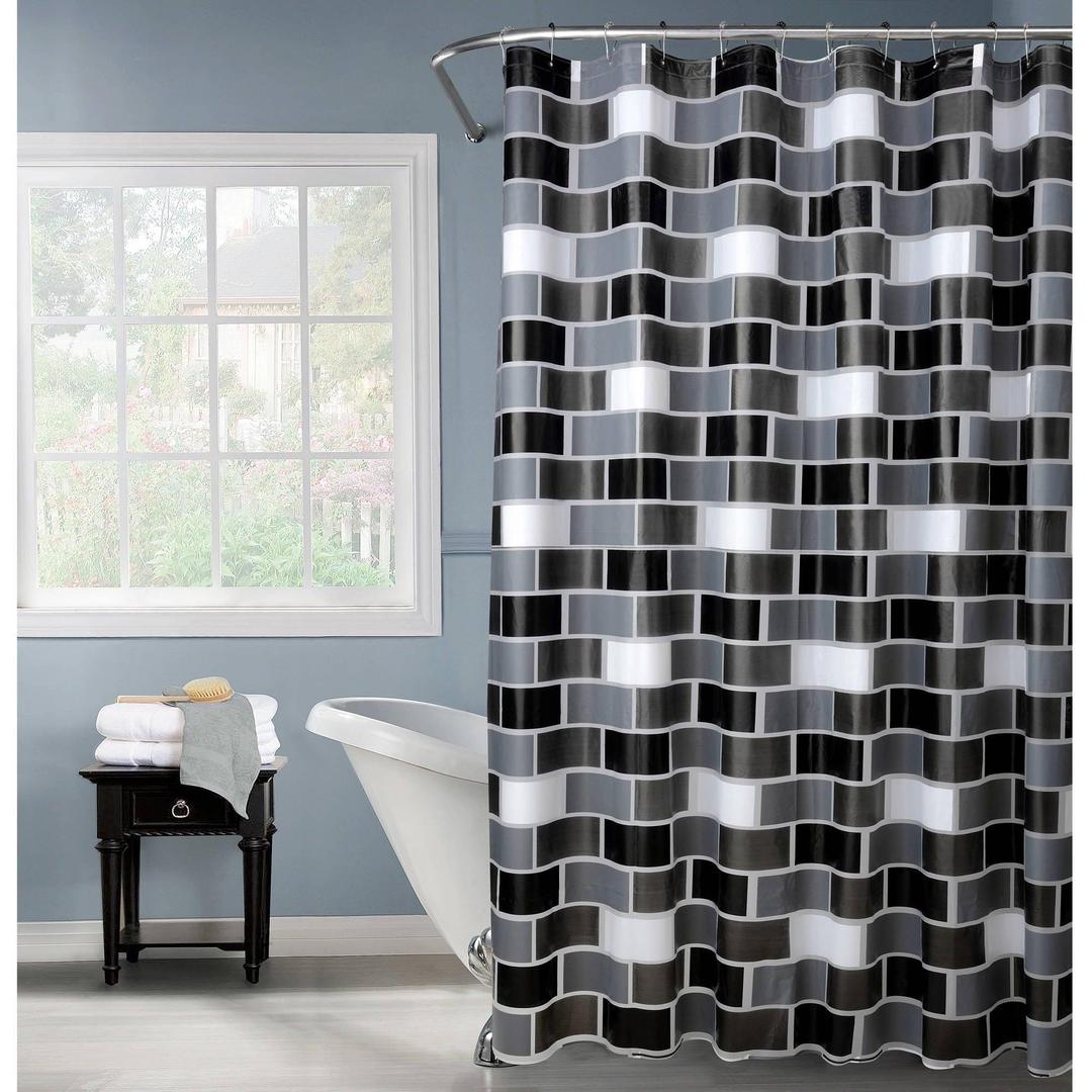 Bath Bliss Brick Design Shower Curtain in White Grey & Black