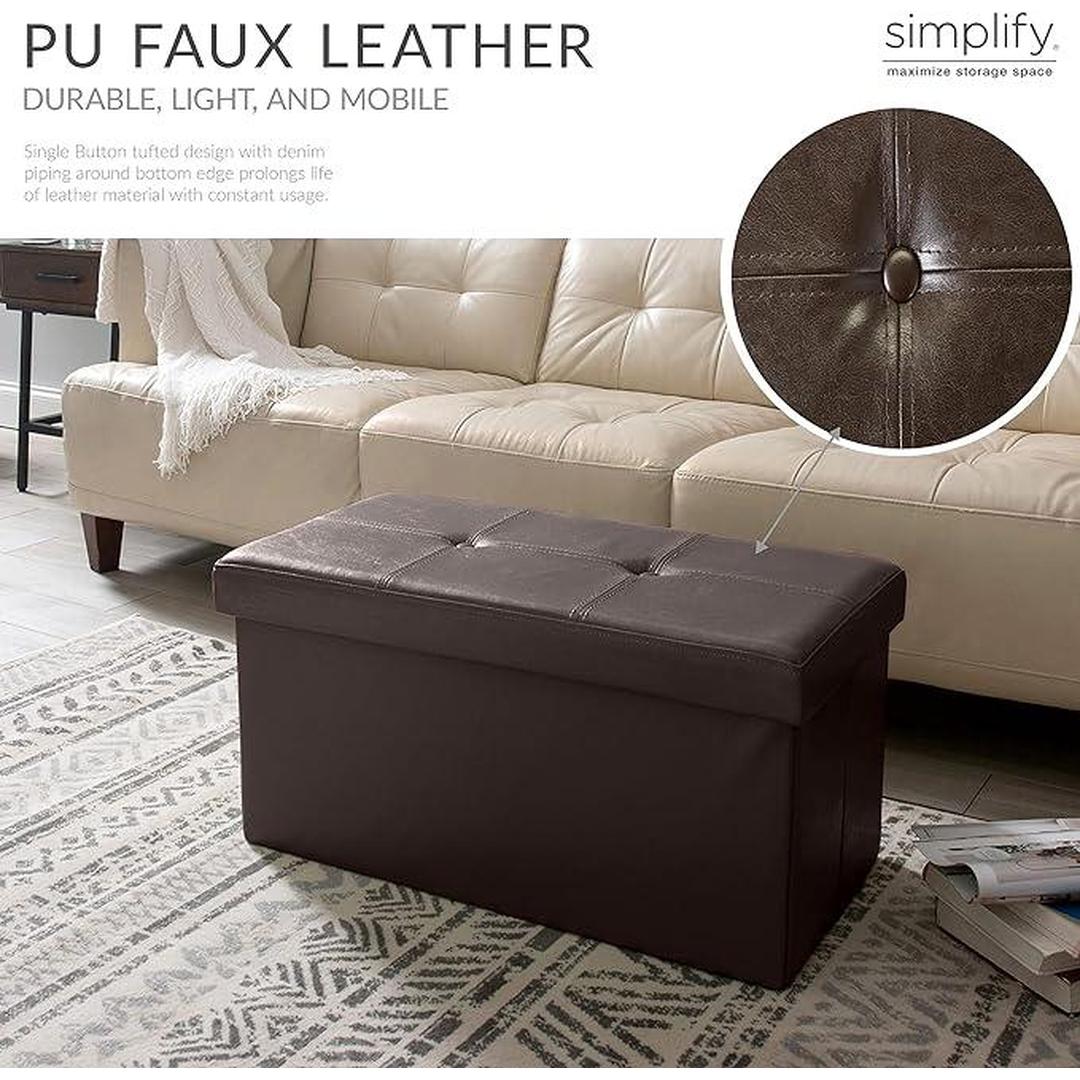 Simplify Folding Storage Ottoman Faux Leather, Tufted Padded Seating, Foot Rest, Stool, Full - Chocolate