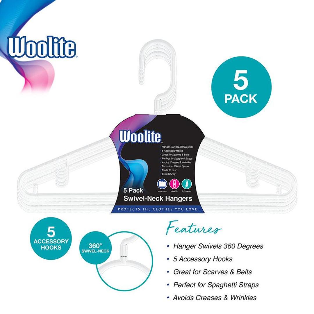 WOOLITE 5 Pack Swivel Neck Hangers, Good for Blouses, Pants, Dresses, White