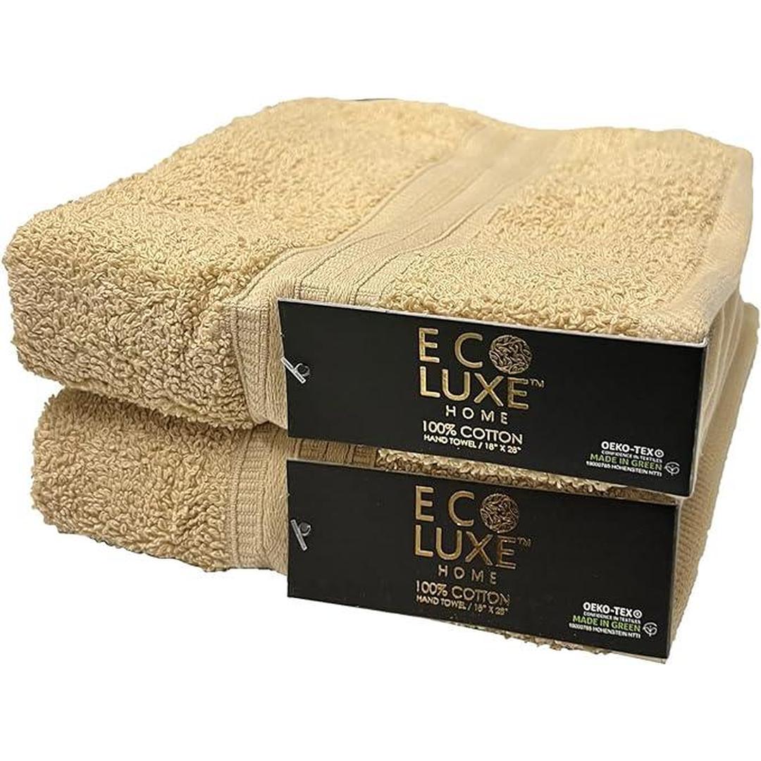 Luxe Performance Cotton Hand Towels (2-Pack, 18x28 Inches, Tan) - Durable, Super Soft, Highly Absorbent