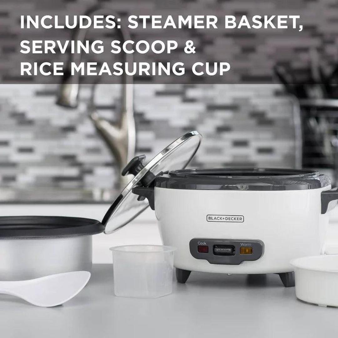 BLACK+DECKER 6-Cup Rice Cooker with Steaming Basket, White, RC506