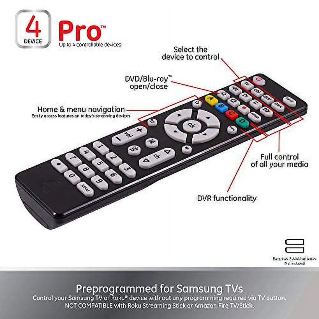 GE 4-Device Universal TV Remote Control in Black, 34457