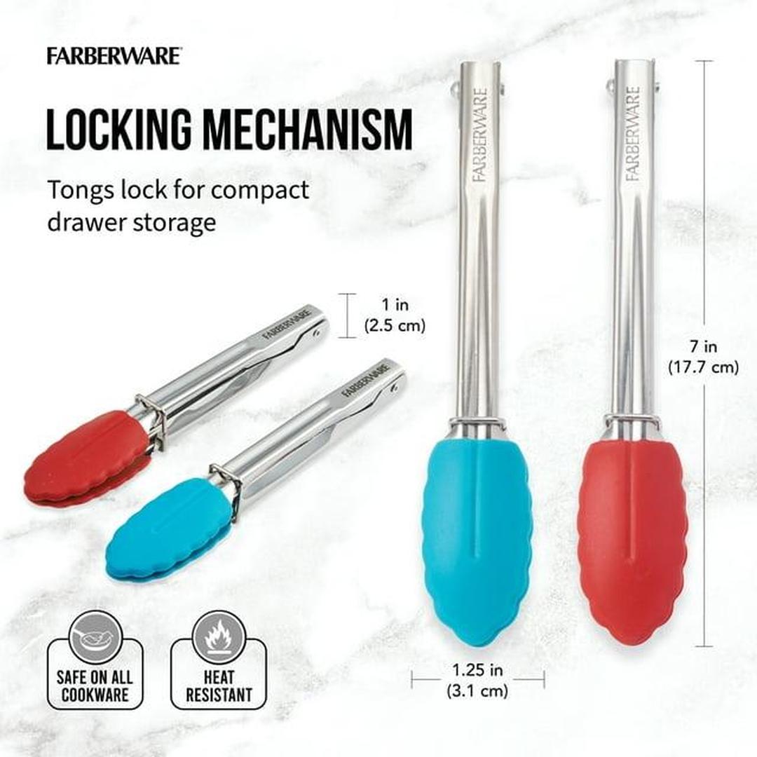 Farberware Stainless Steel Mini Locking Tongs with Silicone Tips, 2 Count, in Assorted Colors