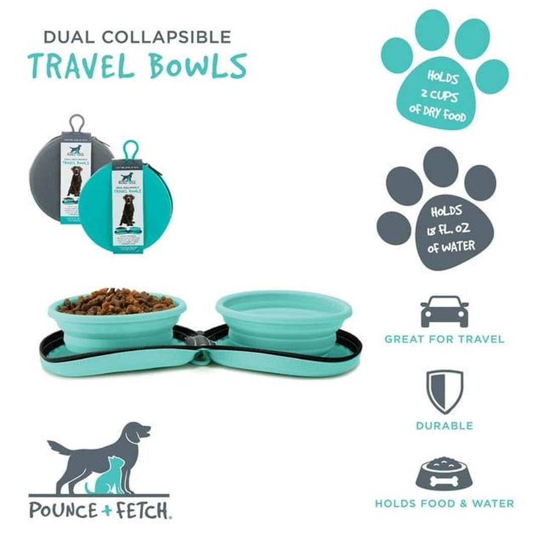 Pounce + Fetch Silicone Travel Double Bowl with Case W. Zipper 18oz