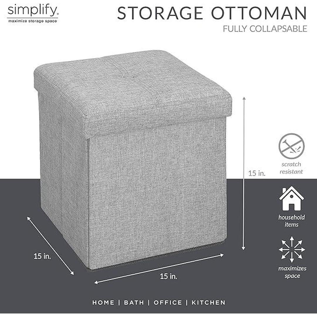 Simplify Faux Linen Folding Storage Ottoman | Single | Collapsible | Tufted Padded Seating | Foot Rest - Grey