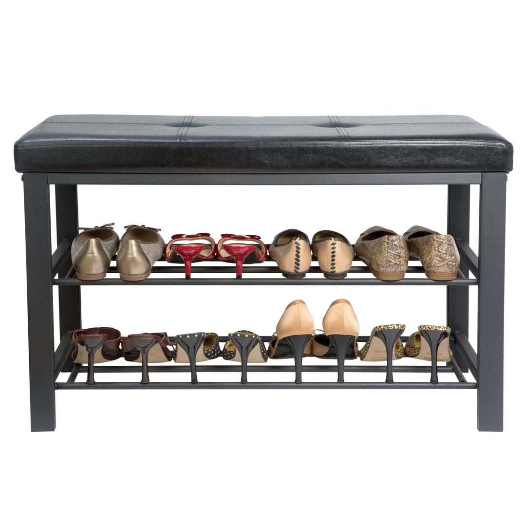 Simplify 2 Tier Faux Leather Entryway Bench with 8 Pair Shoe Storage in Black