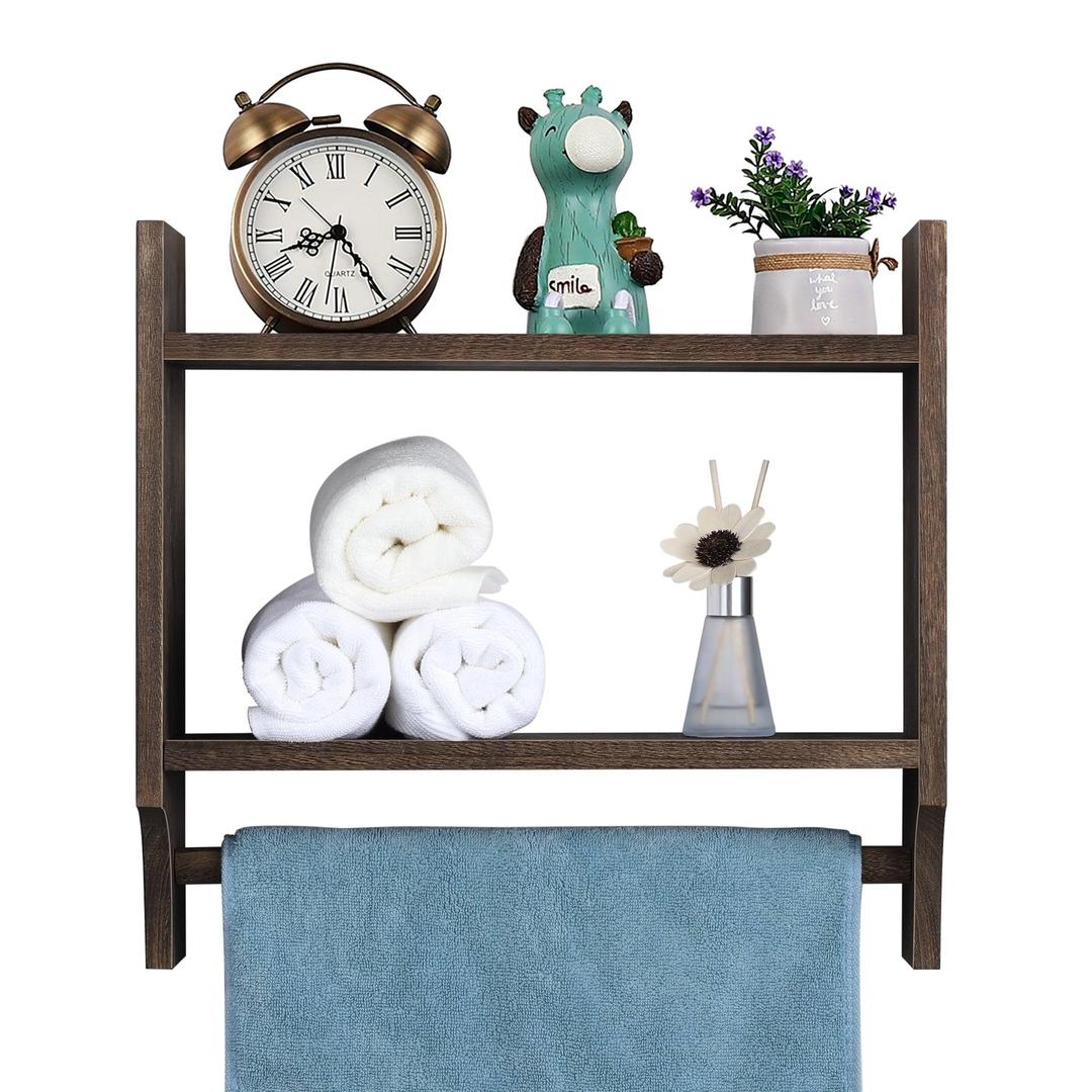 2-Tier Wall-Mounted Wooden Storage Rack With a Hanging Towel Bar