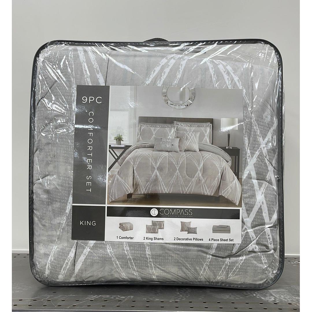 Compass Comforter Set Modern Printed Design, All Season Down Alternative Cozy Bedding with Matching Shams, Decorative Pillows, King(104"x92"), Grey 9 Piece