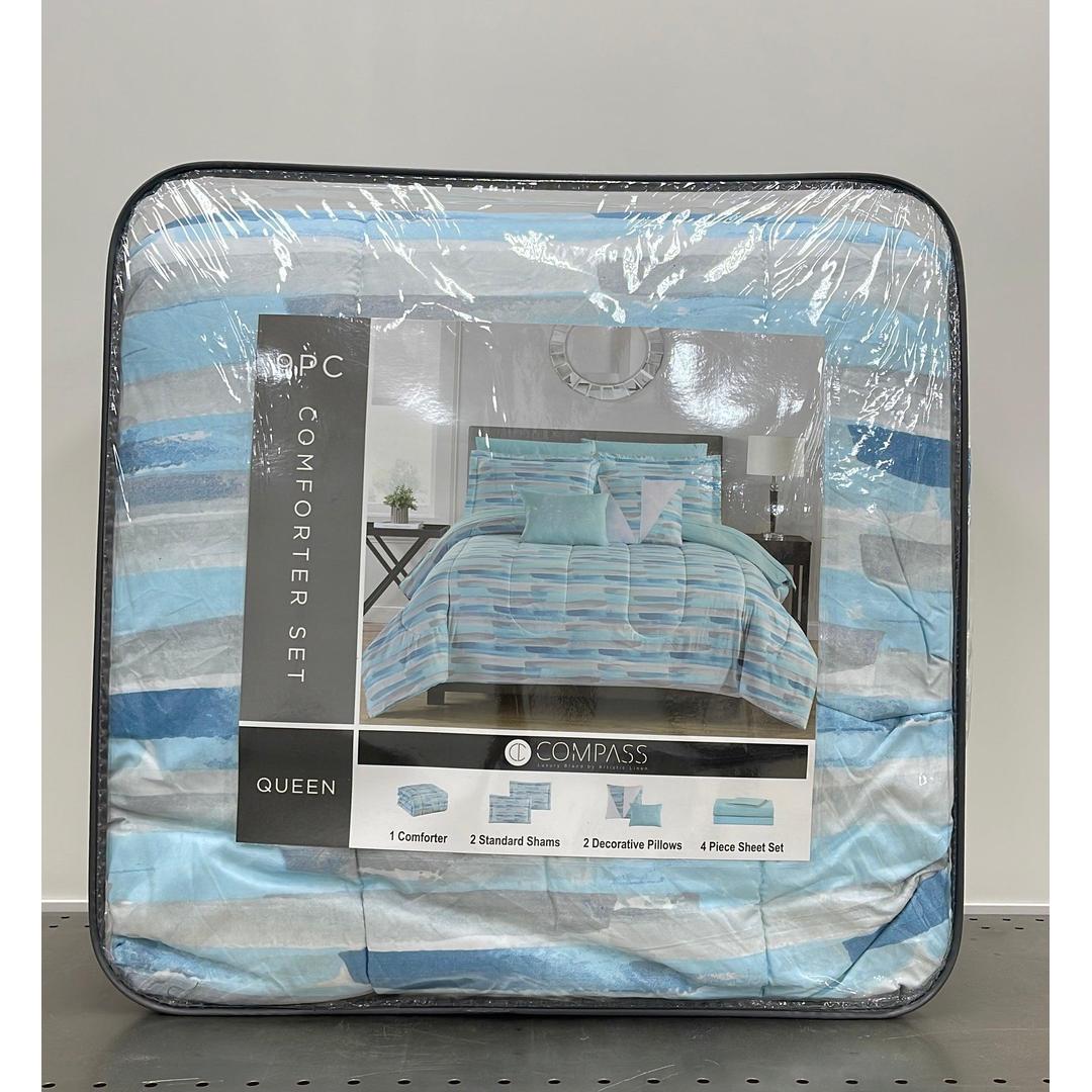 Compass Comforter Set Modern Printed Design, All Season Down Alternative Cozy Bedding with Matching Shams, Decorative Pillows, Queen Size, Grey 9 Piece