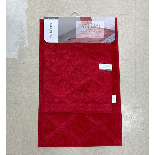 Compass 2 Pc Bath Mat Set, Crisscross Furry Shag, Plush Bathroom Floor Carpet, Non-Slip 17" x 24" & 20" x 30" Solid Color - Red