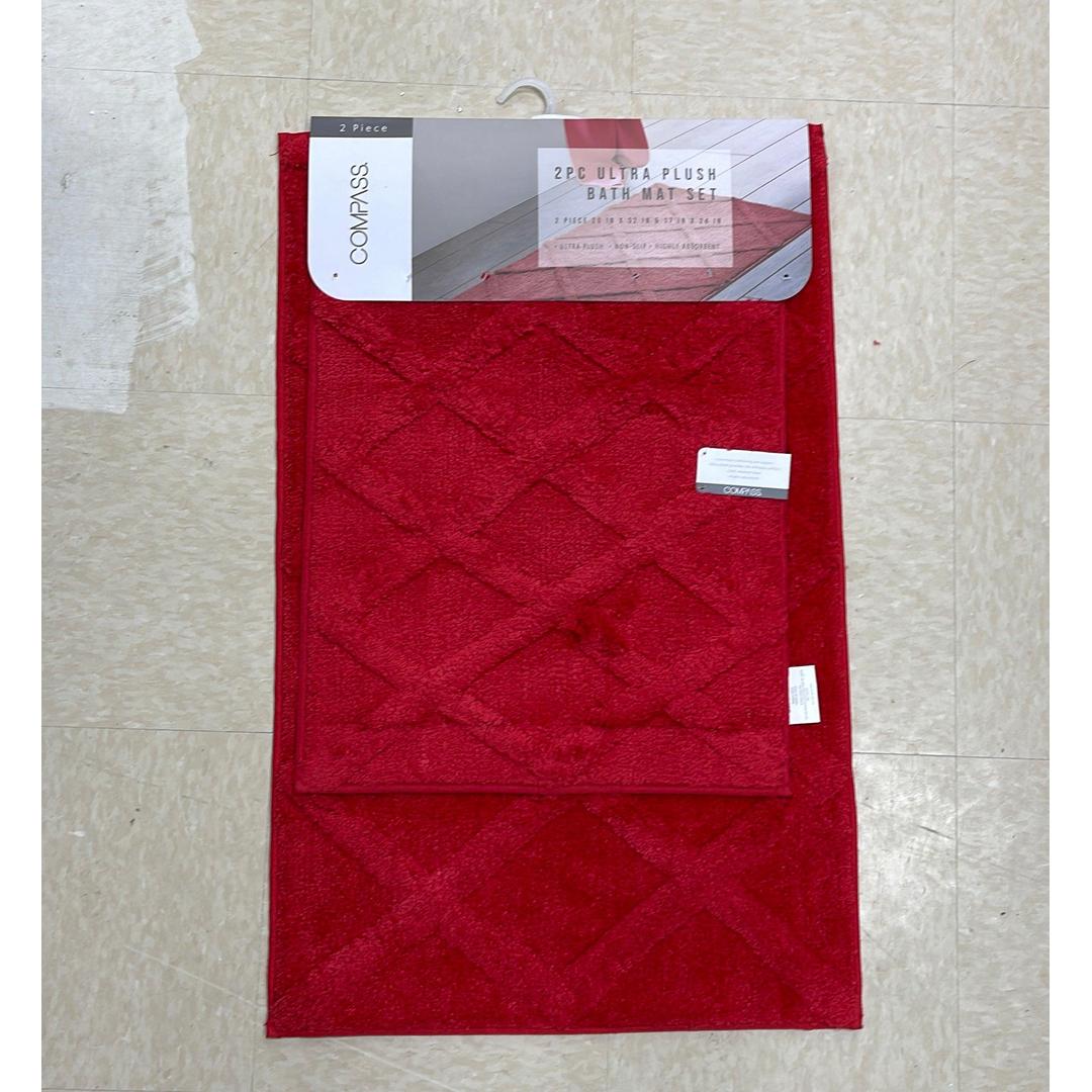 Compass 2 Pc Bath Mat Set, Crisscross Furry Shag, Plush Bathroom Floor Carpet, Non-Slip 17" x 24" & 20" x 30" Solid Color - Red