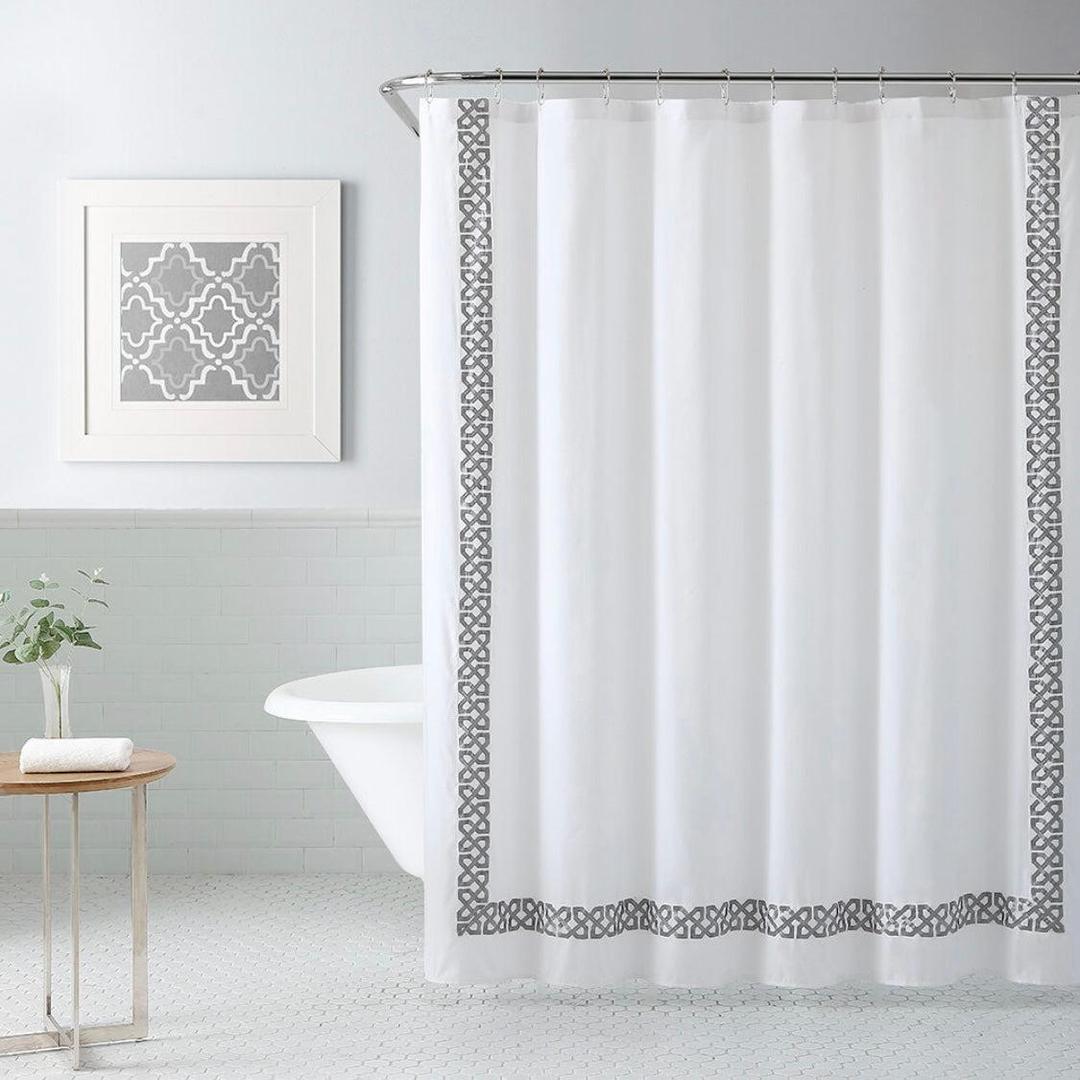 COMPASS Waterproof White Shower Curtain with a Decorative Grey border (183CM X 183CM)
