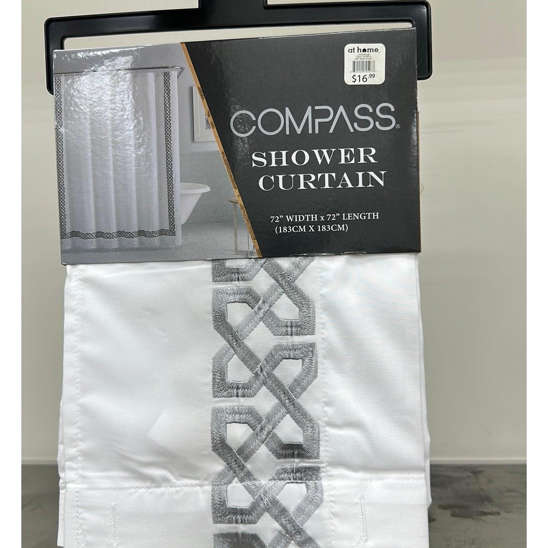 COMPASS Waterproof White Shower Curtain with a Decorative Grey border (183CM X 183CM)