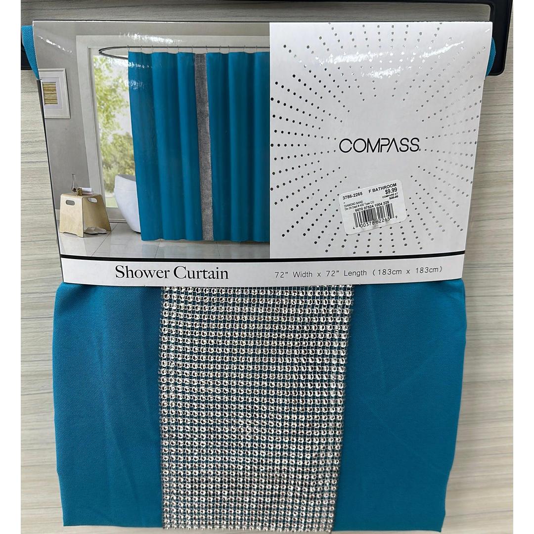 COMPASS Blue Shower Curtain with a Decorative Beaded Border | 72" Width × 72" Length (183cm × 183cm)