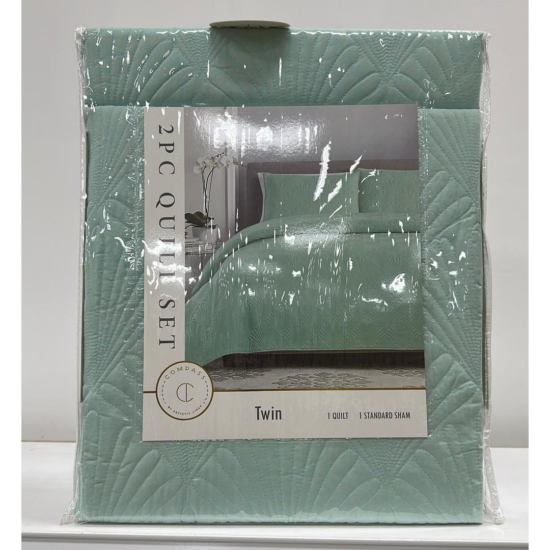 Twin Size Compass Quilt Set With Matching Pillow Shams, Lightweight Bedspread with Embossed Design, Quilted Coverlet - All-Season Bedding Basics, Sea Green