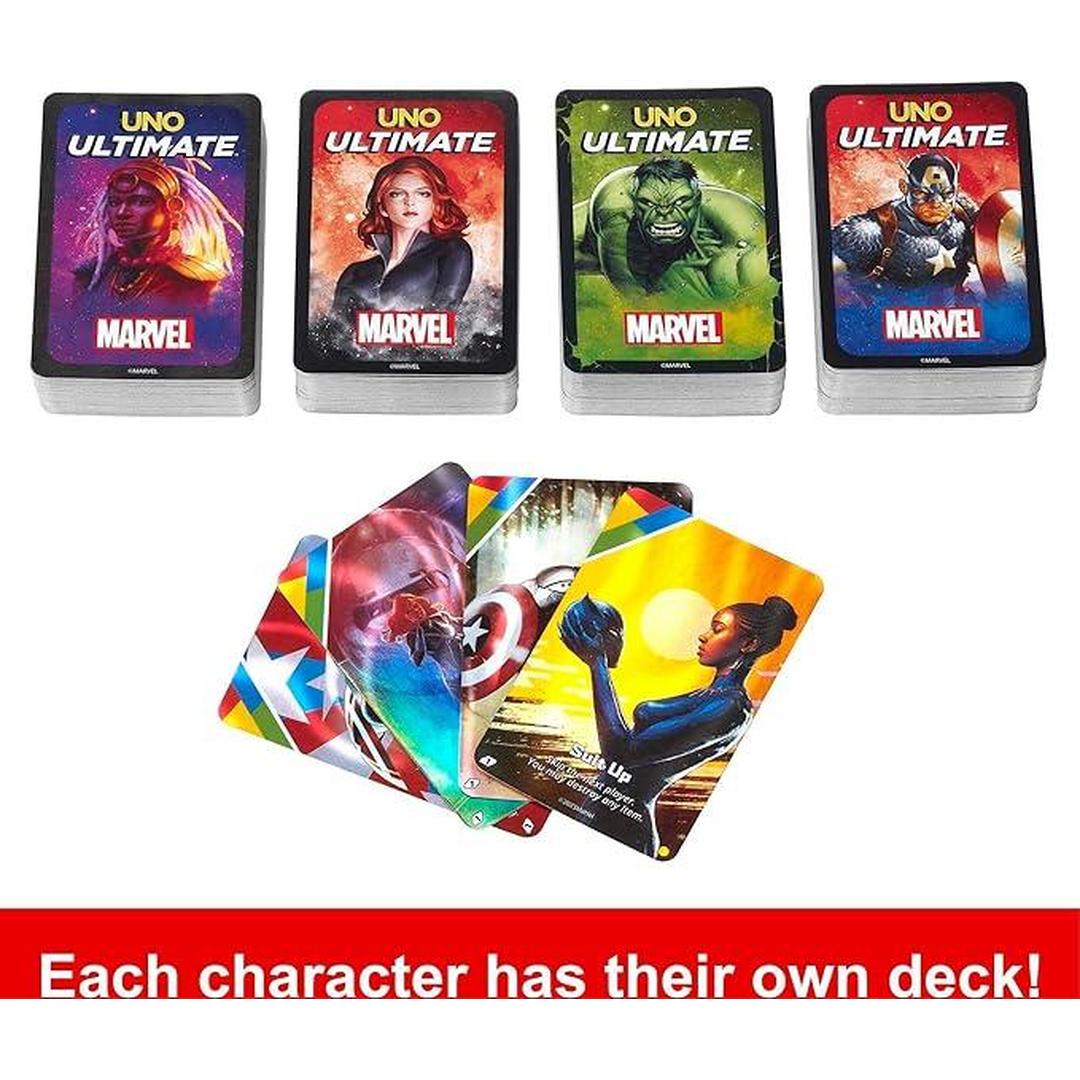 Mattel Games UNO Ultimate Marvel Card Game with 4 Collectible Foil Cards