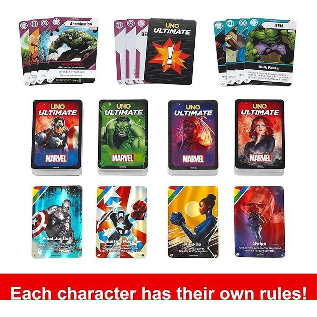 Mattel Games UNO Ultimate Marvel Card Game with 4 Collectible Foil Cards