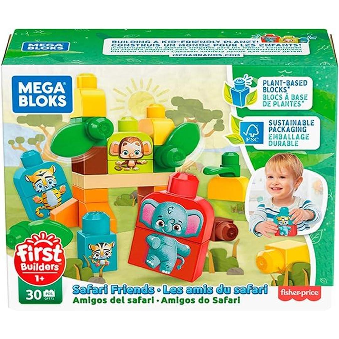 Mega Bloks First Builders Safari Friends with Big Building Blocks Plant-Based Building Toys for Toddlers (30 Pieces)