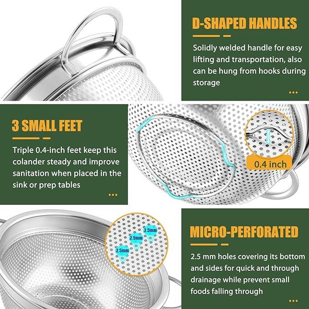 E-far 3qt Stainless Steel Micro-Perforated Colander Set of 2 for Pasta, Fruits - Dishwasher Safe