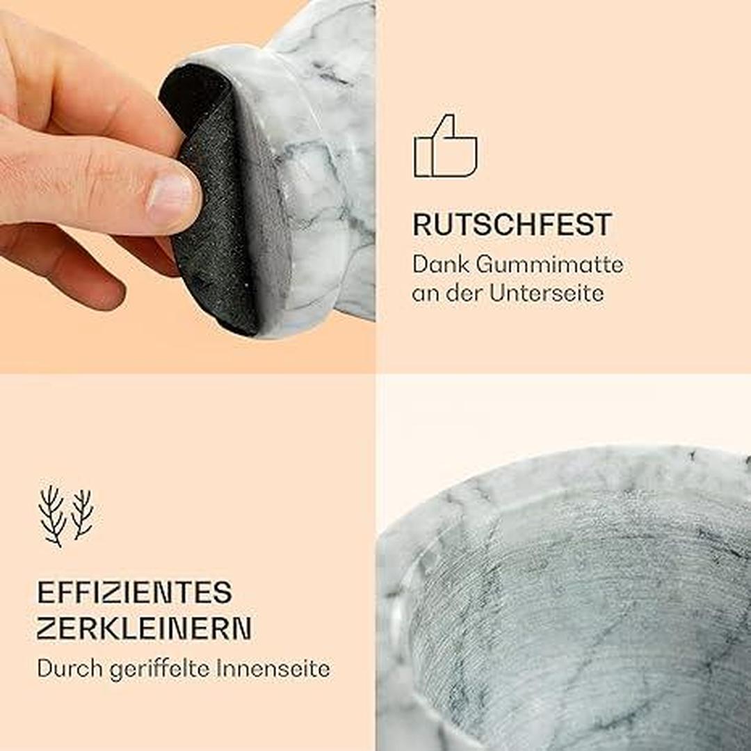 Marble Mortar and Pestle Set - Beautiful Polished White and Grey Veined Marble Mortar and Pestle Set with Garlic Peeler and Anti Scratch, Anti Skid Protective Pad